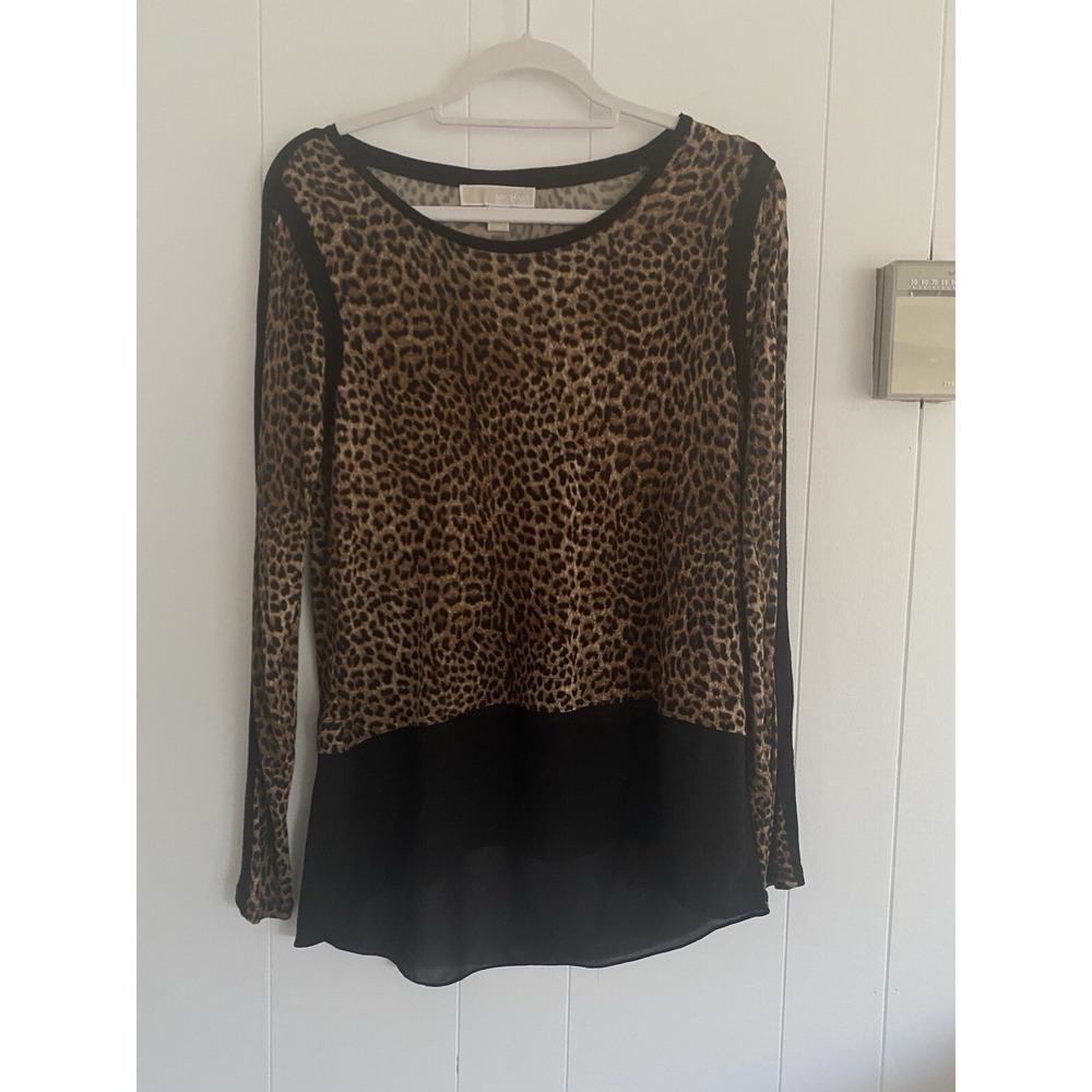 Michael Kors Animal Print Long Sleeve Top With Sheer High Low Hem‎ Size M - Picture 2 of 5